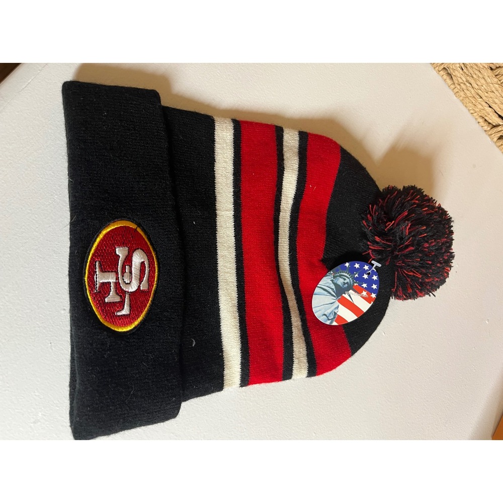 San Francisco 49ers Beanie Hat Knit Cuffed Pom Pom Black Red‎ White NFL Football